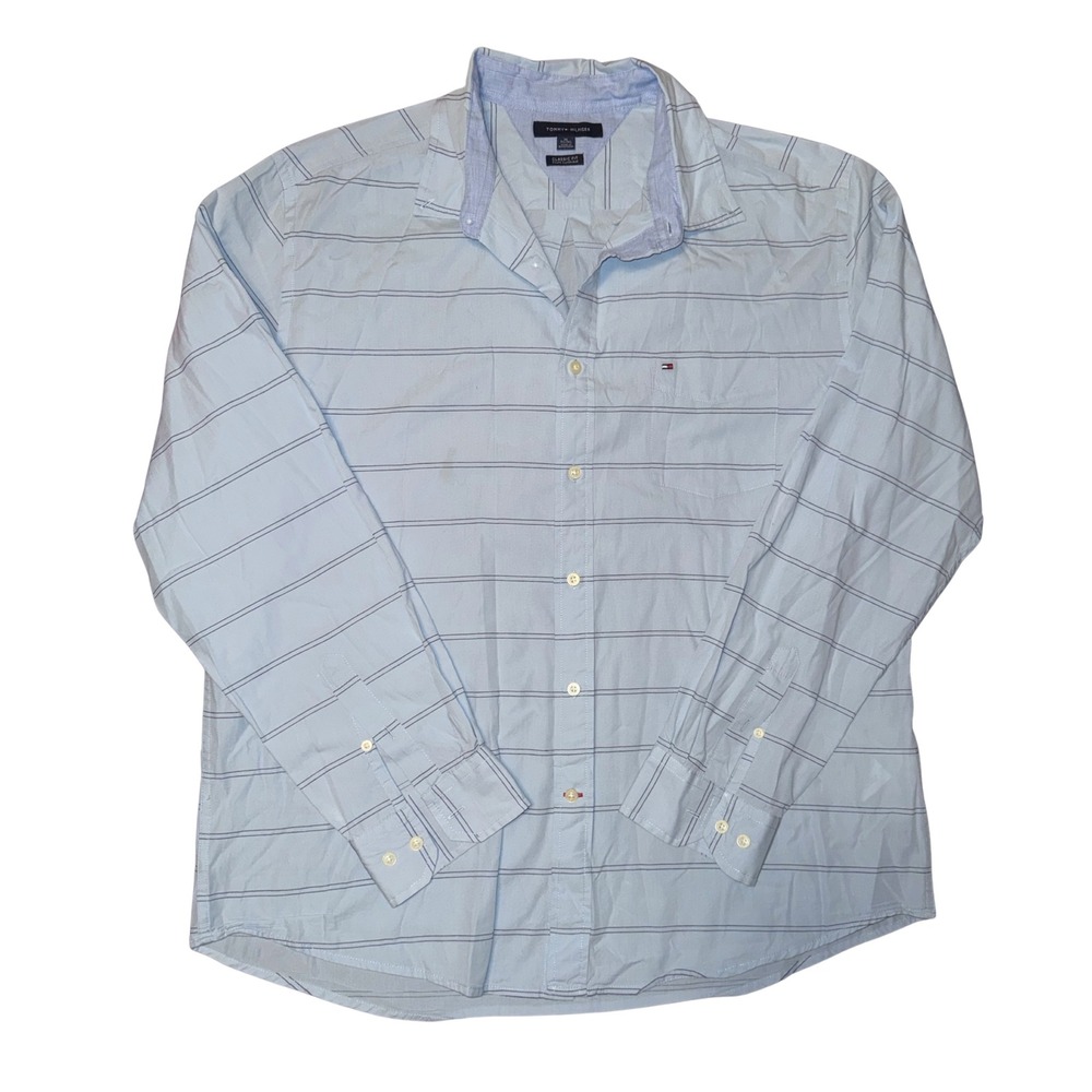 Tommy Hilfiger Mens XL Classic Fit Button Down Shirt‎ Light Blue Striped Cotton